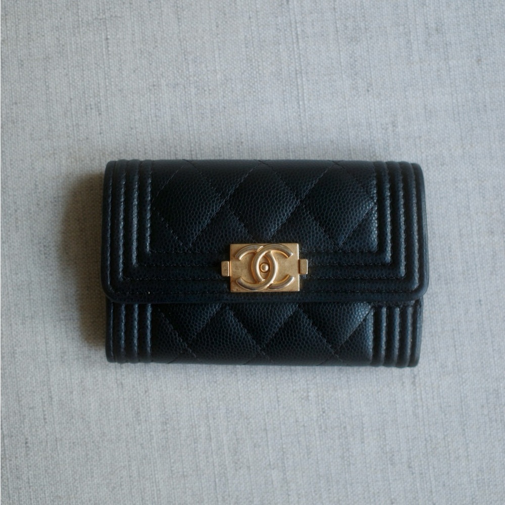 Authentic Chanel Boy Compact Card Holder in Gold Hardware